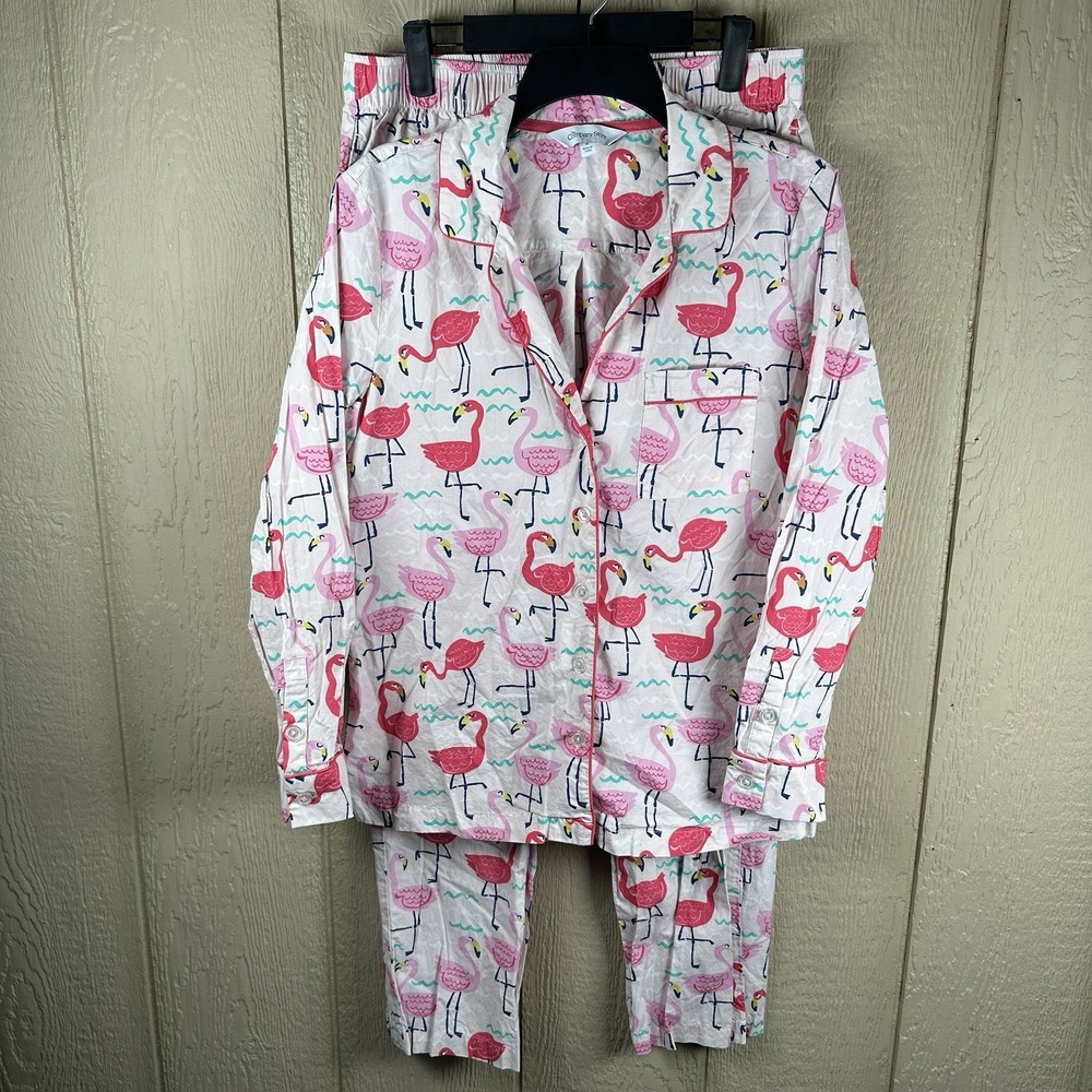 The Company Store Pajama Set Women Medium Pink Poplin Flamingo Long Sleeve Pants